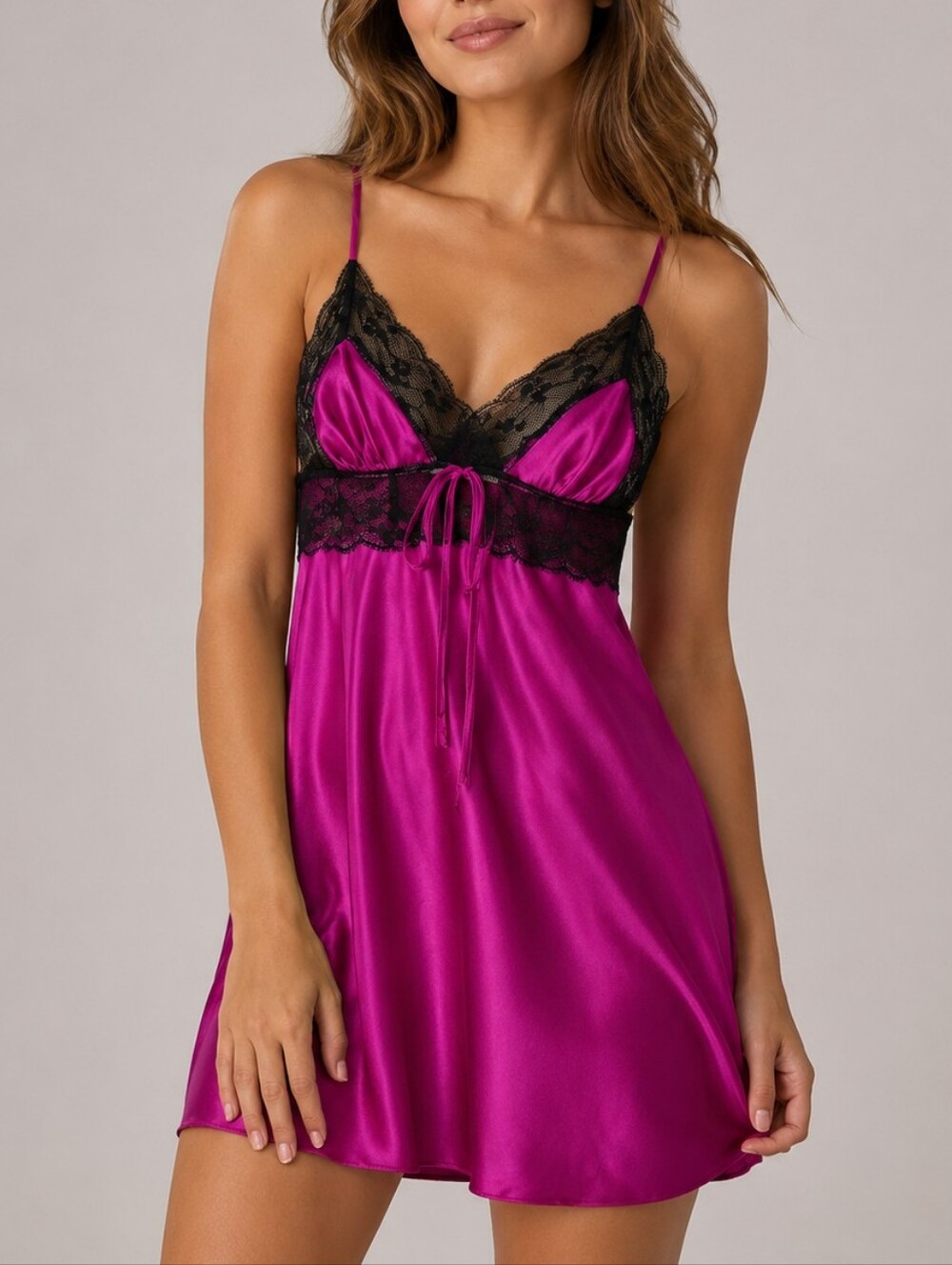 Victoria's Secret Hot Pink Satin Black Lace Slip Dress Large Vintage 2011 Y2K